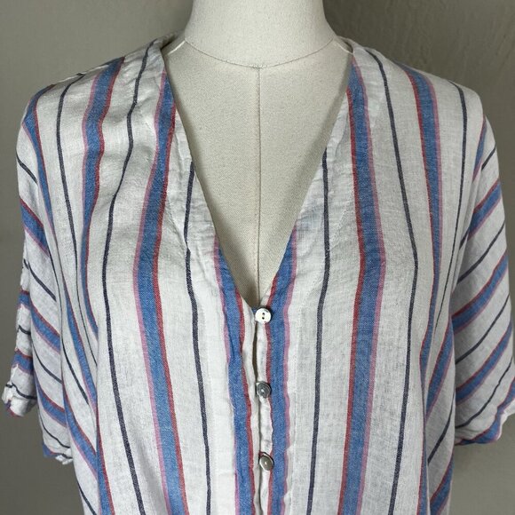 Rails Thea Tahiti Stripe Shirt White Blue V Neck Short Sleeve Tie Front Sz Large - Picture 2 of 11